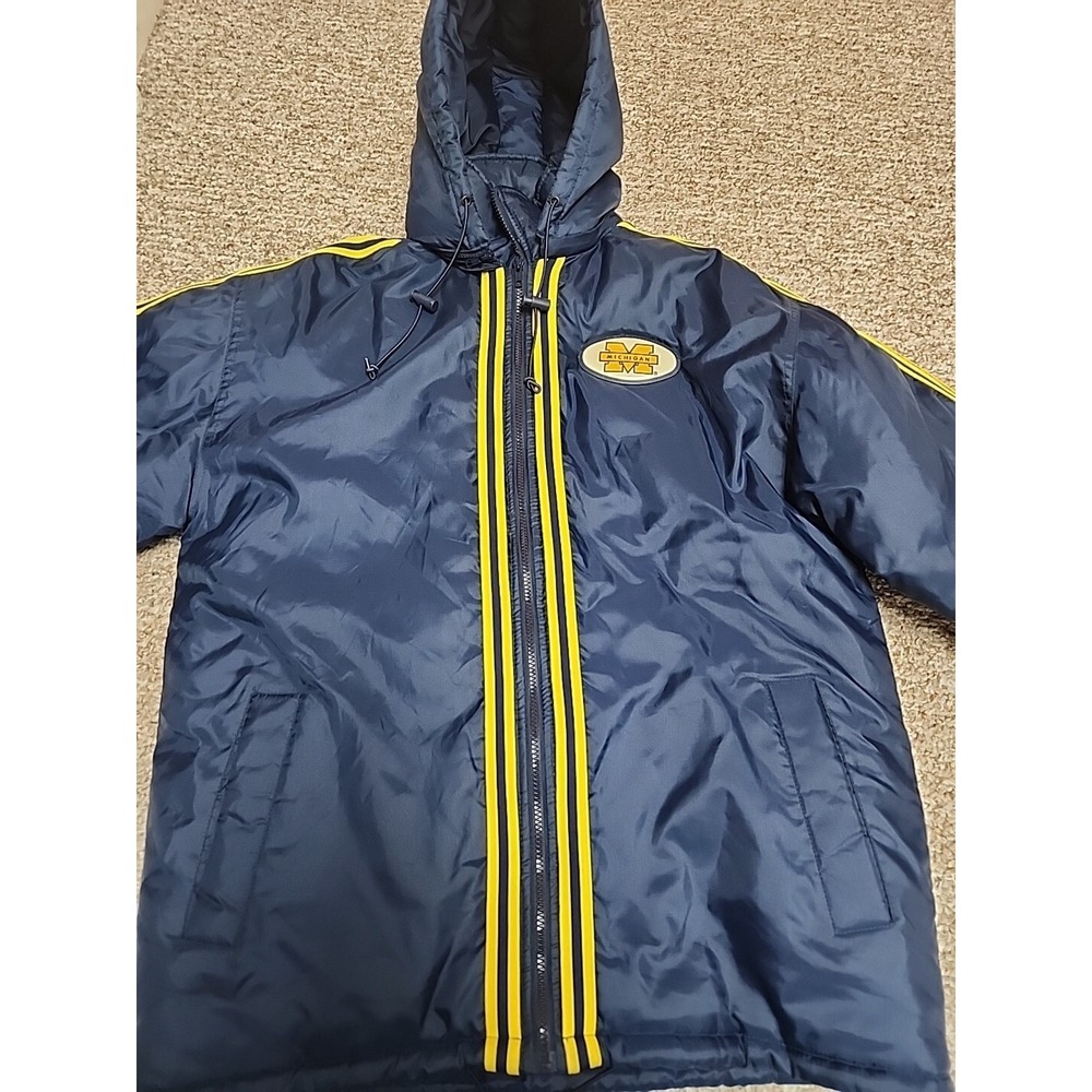 Michigan Puffy Fuzon Innovation Zip Jacket Hooded Blue Vintage Medium Spell out